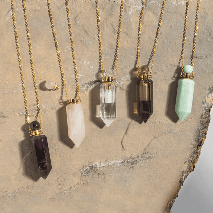 crystal potion amulet necklace, Ascention, Rose Quartz, Amazonite, Smoky Quartz, Amethyst, Clear Quartz