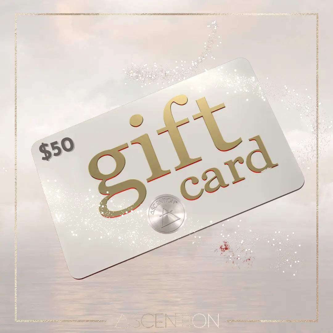 A $50 ASCENTION GIFT CARD, with gold and red text against a cloudy background, exudes empowerment. The word Ascension is subtly integrated into the design, accompanied by a metallic logo showcasing a triangle and circle. Delicate sparkles enhance this motivational card from Ascention Beauty - Wellness Clean Cruelty-Free Vegan Perfume.