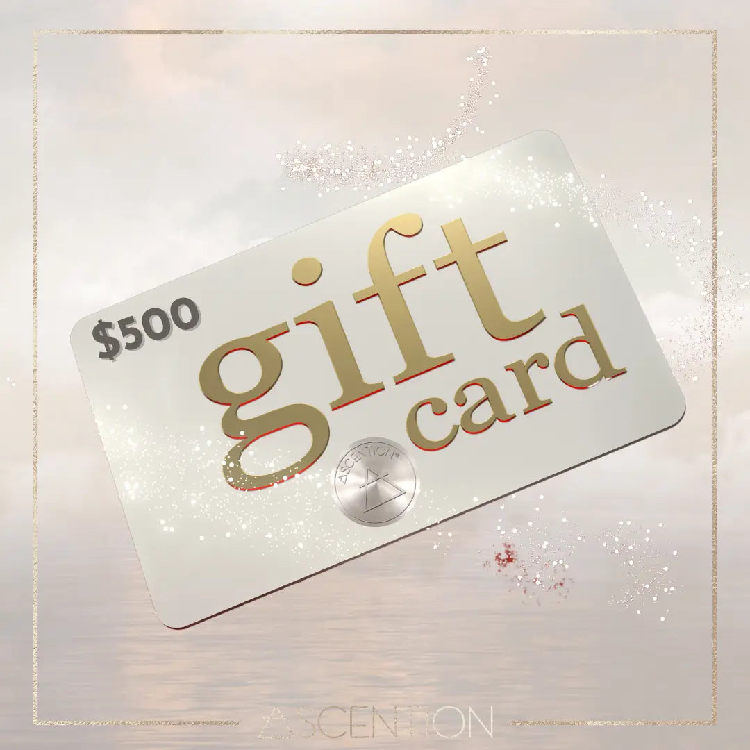 Experience empowerment and endless possibilities with the ASCENTION GIFT CARD. Valued at $500, it features a soft, dreamy design set against an ethereal backdrop. The word "gift" radiates prominently, surrounded by sparkles, while ASCENTION's inspirational logo graces the bottom. Presented by Ascention Beauty - Wellness Clean Cruelty-Free Vegan Perfume, this card is more than just a gift; it's a journey towards motivation and beauty.