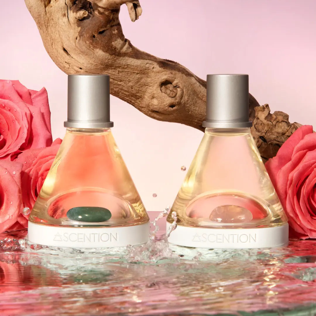 Two bottles of "Powerful Scent Pairings" by Ascention Beauty, each adorned with silver caps and containing a stone, rest gracefully in shimmering water. Surrounded by pink roses and a piece of driftwood against a soft pink background, these exquisite scents invite you to explore fragrance layering with their wellness-focused, clean, cruelty-free vegan formulations, creating harmonious scent combinations that elevate your mind.