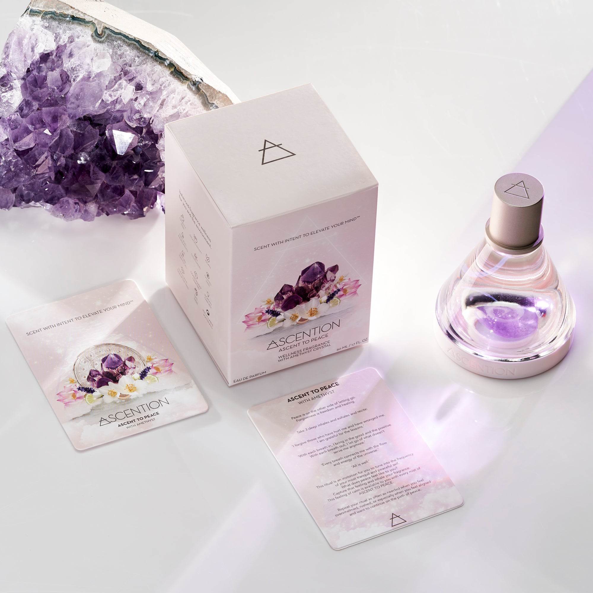 ASCENTION, ASCENT TO PEACE, SELF LOVE, SELF CARE, GRETA FITZ, FEMALE FOUNDER, AROMACOLOGY, AROMATHERAPY, AMETHYST, SCENT WITH INTENT, CLEAN FRAGRANCE, CLEAN, CLEAN BEAUTY, VEGAN FRAGRANCE, RITUAL, WITCHCRAFT, ASCENSION, ROSE QUARTZ, CITRINE, SMOKY QUARTZ,