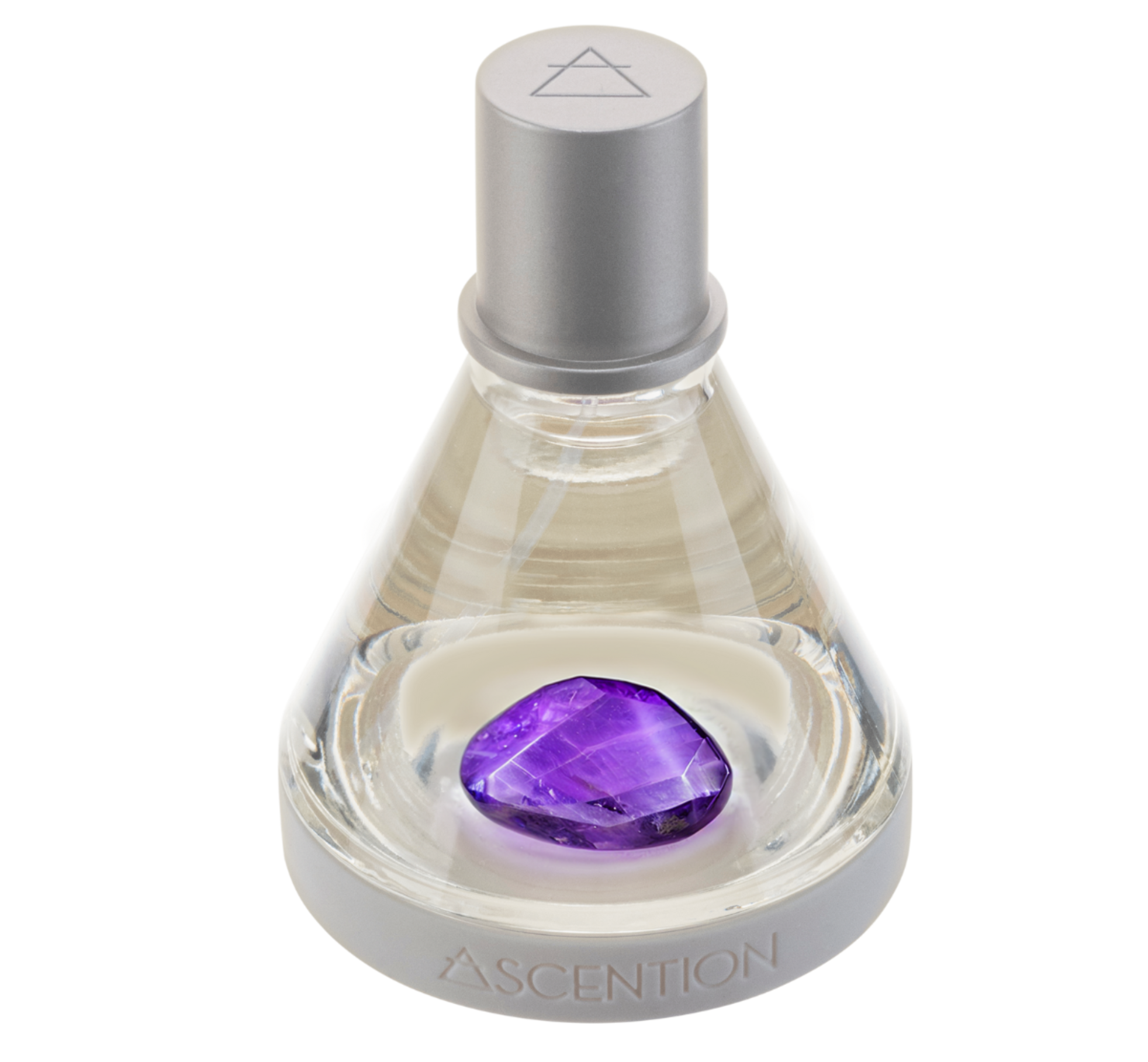 A conical glass bottle, topped with a silver cap and base, holds a vibrant purple crystal reminiscent of Amethyst. Engraved with the name ASCENTION BEAUTY CO at the base, it suggests that the fragrance inside is "Ascent To Peace With Amethyst," hinting at its wellness properties.