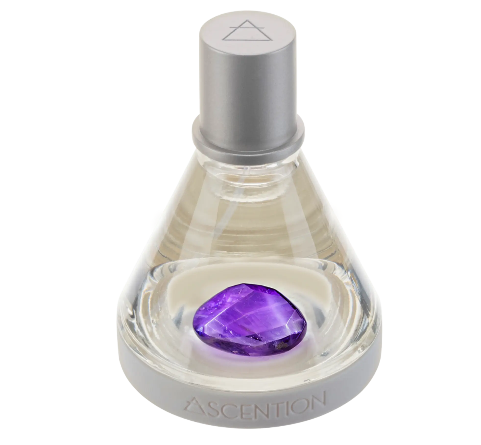 A conical glass bottle, topped with a silver cap and base, holds a vibrant purple crystal reminiscent of Amethyst. Engraved with the name ASCENTION BEAUTY CO at the base, it suggests that the fragrance inside is "Ascent To Peace With Amethyst," hinting at its wellness properties.