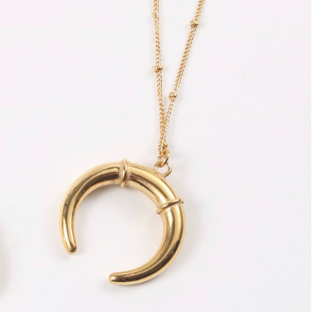 Crescent Moon Pendant Necklace in Ox Horn Design Bohemian Chic Necklace Layering Necklace 18K Gold Plated Necklace Durable Necklace Water-resistant Necklace Chlorine-resistant Necklace Fragrance-resistant Necklace ASCENTION Coin Pouch Necklace Packaging Vegan-leather Necklace Pouch