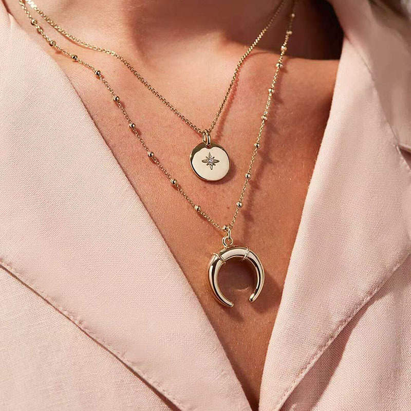Crescent Moon Pendant Necklace in Ox Horn Design Bohemian Chic Necklace Layering Necklace 18K Gold Plated Necklace Durable Necklace Water-resistant Necklace Chlorine-resistant Necklace Fragrance-resistant Necklace ASCENTION Coin Pouch Necklace Packaging Vegan-leather Necklace Pouch